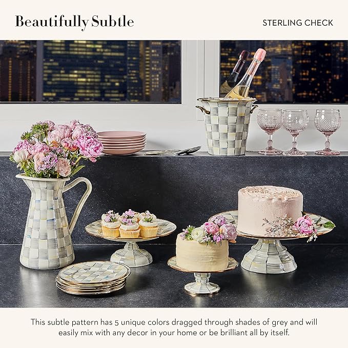 MACKENZIE-CHILDS Enamel Pedestal Platter, Round Cake Stand, Mini, Gray-and-White Sterling Check