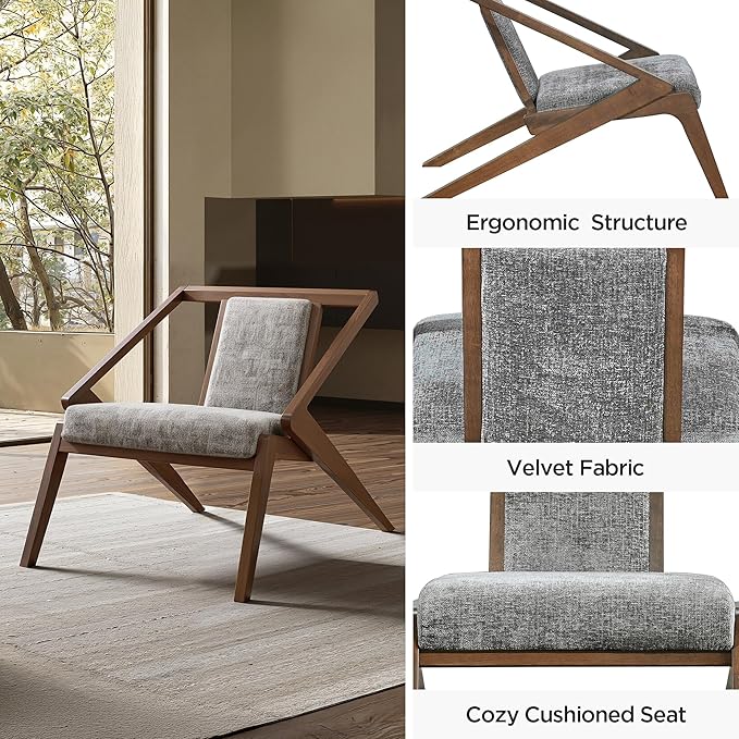 Acanva Mid-Century Modern Lounge Chair, Upholstered Velvet Living Room Reading Armchair with Solid Wood Frame, Steel-Grey