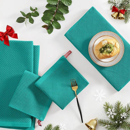 Homaxy 100% Cotton Kitchen Towels and Dishcloths Set, 12 x 12 Inches and 13 x 28 Inches, Set of 10 Bulk Kitchen Towels Set, Ultra Soft Absorbent Dish Cloths for Washing Dishes, Teal