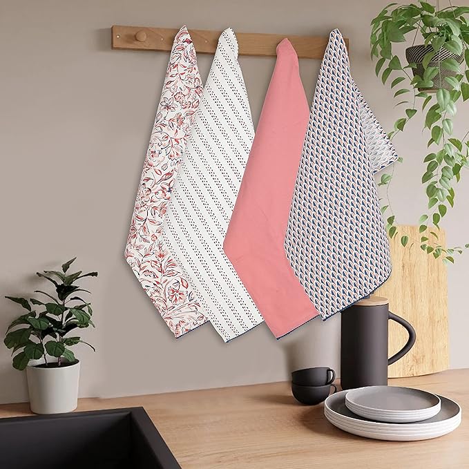 TARAN LIVING Printed Kitchen Dish Bar and Tea Towels Cotton, 18x28 inch with Trims, Cotton Dish Towel Sets (White & Peach, Set of 4)