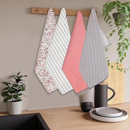 TARAN LIVING Printed Kitchen Dish Bar and Tea Towels Cotton, 18x28 inch with Trims, Cotton Dish Towel Sets (White & Peach, Set of 4)