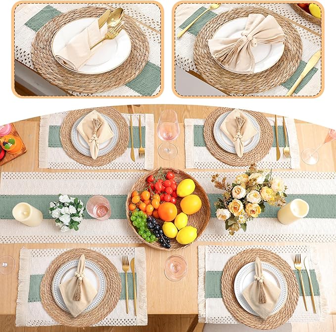 4 Sets Boho Placemats Round Woven Placemats, Cloth Napkins, Wood Bead Napkin Rings, Long Table Runner and Farmhouse Rustic Natural Burlap Cotton for Kitchen Table Home (Green)