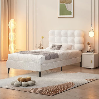 BarnFurin Twin Bed Frame, Platform Bed with Upholstered Headboard, Teddy Soft Boucle Fabric Bed Frame with Wooden Slats Support, Two Bed Forms Design, No Boxing Spring Needed, Easy Assembly, White