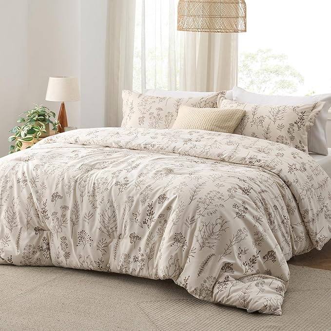 Bedsure Queen Comforter Set - Beige Bed Set, 3 Pieces Cute Floral Bedding, 1 Soft Botanical Flowers Comforter and 2 Pillow Shams