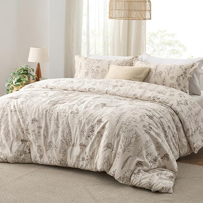 Bedsure Full Comforter Set - Beige Bed Set, 3 Pieces Cute Floral Bedding, 1 Soft Botanical Flowers Comforter and 2 Pillow Shams