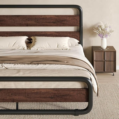 SHA CERLIN King Size Metal Bed Frame with Wooden Headboard and Footboard, Heavy Duty Platform Bed Frame with 10" Under-Bed Storage, Noise-Free, No Box Spring Needed, Mahogany