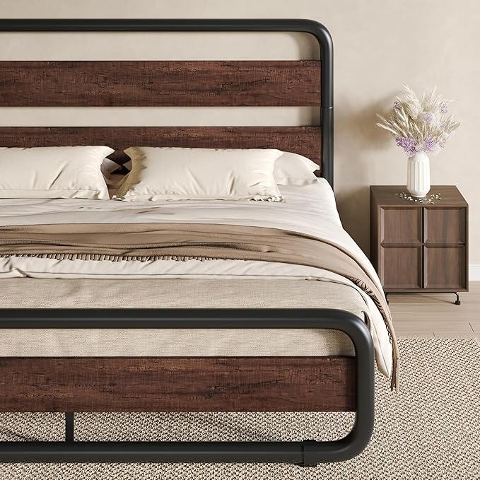SHA CERLIN Full Size Metal Bed Frame with Wooden Headboard and Footboard, Heavy Duty Oval-Shaped Platform Bed Frame with 10" Under-Bed Storage, Noise Free, No Box Spring Needed, Mahogany