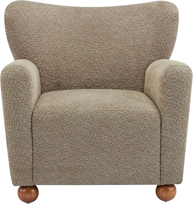Christopher Knight Home Lindy Wingback Accent Chair, Upholstered Armchair with Rounded Wooden Legs, Curved Backrest Single Sofa, Soft Cushion Seating, Comfy Lounge Chair for Living Room, Light Brown