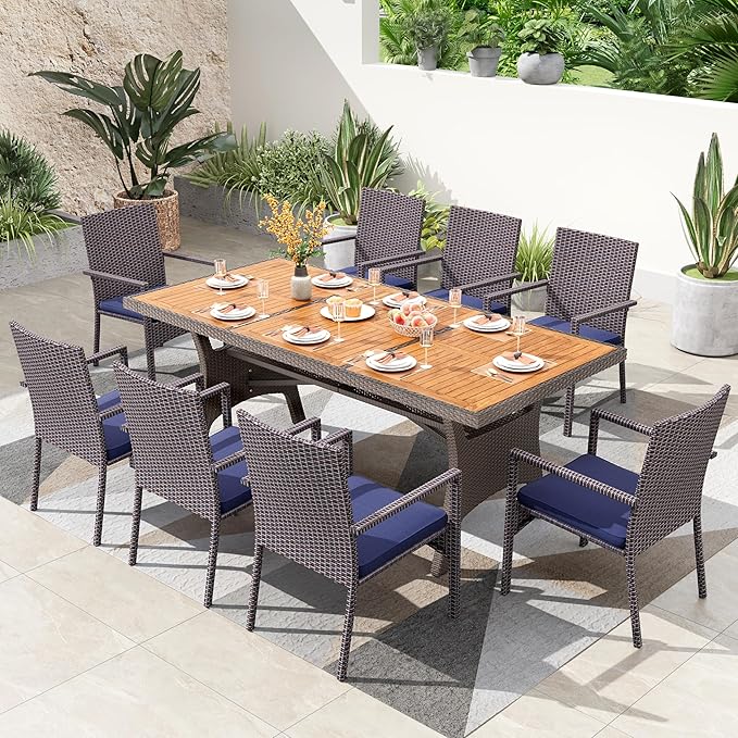 PHI VILLA Outdoor Dining Set for 8, Rectangular Wicker Table with Acacia Wood Top & Rattan Chairs with Cushions, 74” Large Modern Furniture Set for Patio, Deck, Backyard, Porch
