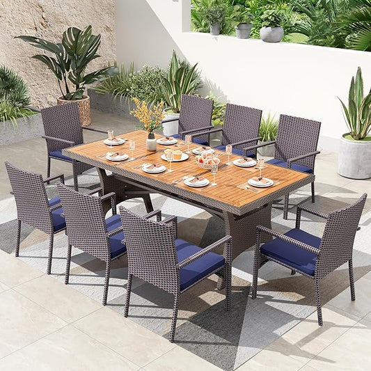 PHI VILLA Outdoor Dining Set for 8, Rectangular Wicker Table with Acacia Wood Top & Rattan Chairs with Cushions, 74” Large Modern Furniture Set for Patio, Deck, Backyard, Porch