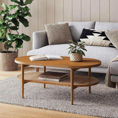 Nathan James Sonia Bohemian 2-Tier Oval Coffee Table, Living Room Cane Table with Storage Shelf and Mid-Century Legs in Honey Brown Wood with Rattan Accent