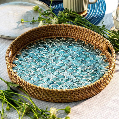 JUNGLE CULTURE Rattan Serving Tray 12" with Mother of Pearl Inlay • Coastal Boho Collection • Handcrafted Woven with Handles for Home • Round Dining Tray • Wicker Serving Basket – Cascade