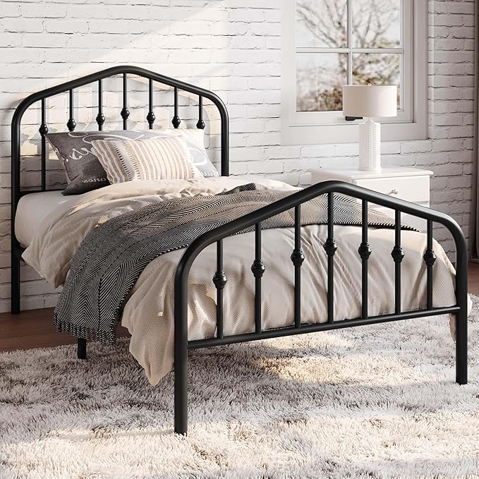 SHA CERLIN Twin Size Metal Platform Bed Frame with Victorian Style Wrought Iron-Art Headboard/Footboard, No Box Spring Required, Black