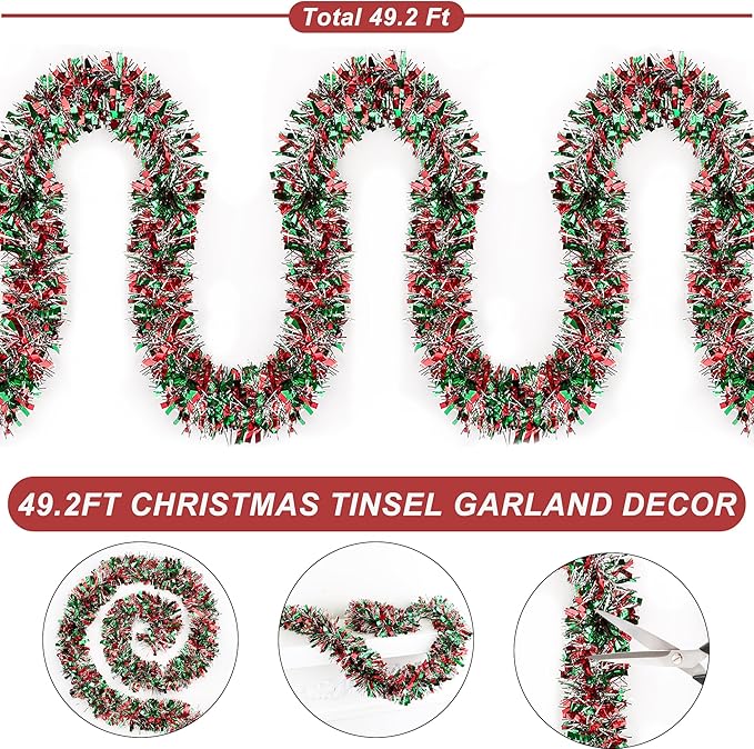 50 FT Christmas Tinsel Garland Christmas Decorations for Xmas Tree Decor Metallic Twist Shiny Hanging Garlands for Tree Mantel Stairs Fireplace Home Indoor Holiday Party Supplies (Red Green Silver)
