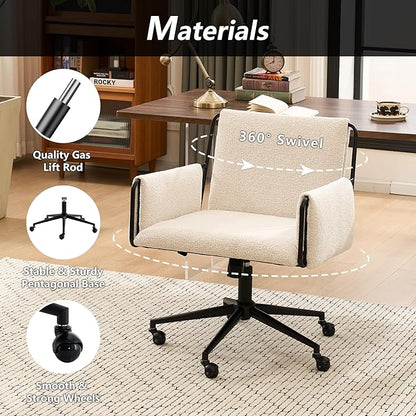 Rowill Modern Office Chair, Beige Boucle Fabric, Adjustable Height, 300 LBS Capacity, Wheels, Arm Rest, Perfect for Home Office, Bedroom, Makeup Room