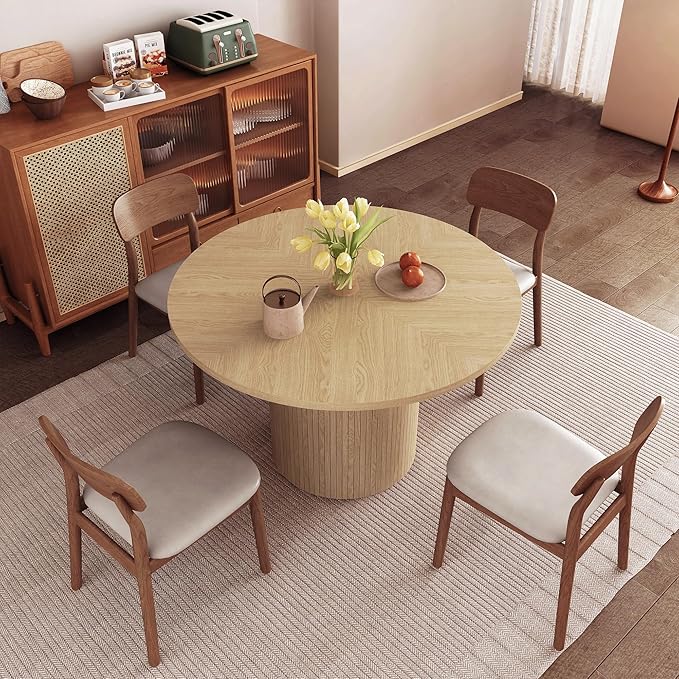 Round Dining Table for 4, Modern Farmhouse Kitchen Table, 47 Inch Small Circle Dining Tables with Wood Strip Base for Kitchen Living Room (Natural)