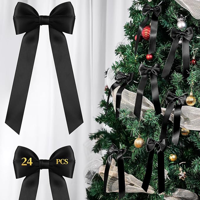 AYGXU 24pcs Christmas Bows Decor,premade Black Ribbon Bows for Christmas Tree Decorations,Double-Sided Ribbon Bow,Bows for Gift Wrapping,Bag Ties Twists