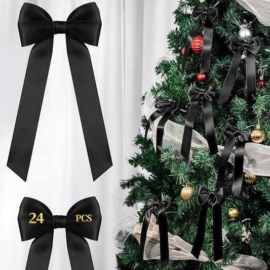 AYGXU 24pcs Christmas Bows Decor,premade Black Ribbon Bows for Christmas Tree Decorations,Double-Sided Ribbon Bow,Bows for Gift Wrapping,Bag Ties Twists