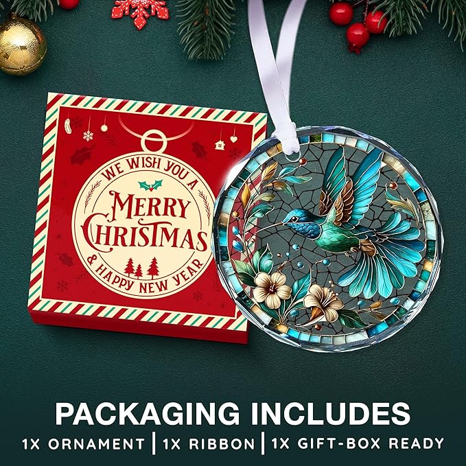 Hummingbird Ornaments for Christmas Tree - Stained Glass Hummingbird Gifts for Women, Unique Crystal Glass Ornaments