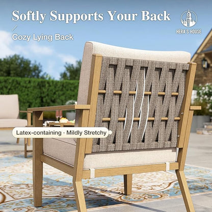 HERA'S HOUSE Patio Furniture Set 5-Piece, All-Weather Metal Outdoor Conversation Set with Wood Grain Finish, 2 x Leg Chair, 1 x 3-Seat Outdoor Chair, 2 x Multi-Functional Table for Garden Deck Backyard