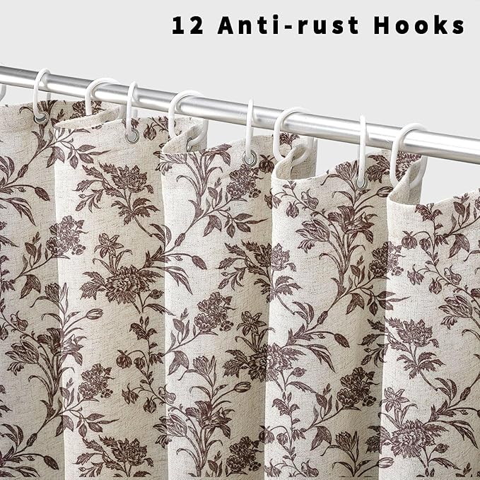 Brown Shower Curtain Floral Cotton Linen Cottagecore Shower Curtain for Bathroom 72" W x 72" L Boho Farmhouse