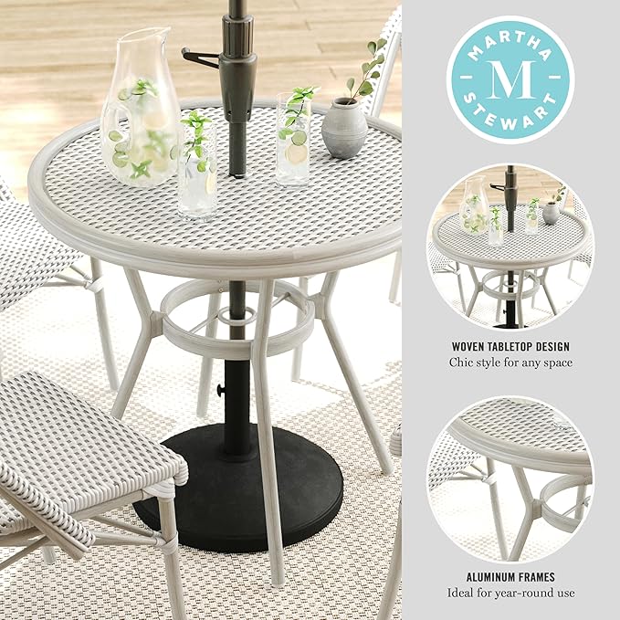 Martha Stewart Lily Pond 31” Round Indoor Outdoor Bistro Dining Table with Aluminum Frame in Gray Woodgrain and Rattan Top in White/Gray with Tempered Glass Top
