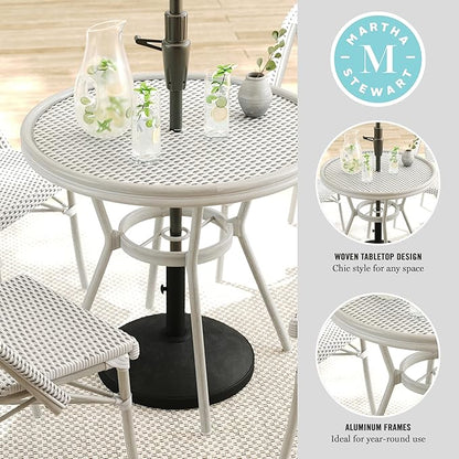 Martha Stewart Lily Pond 31” Round Indoor Outdoor Bistro Dining Table with Aluminum Frame in Gray Woodgrain and Rattan Top in White/Gray with Tempered Glass Top