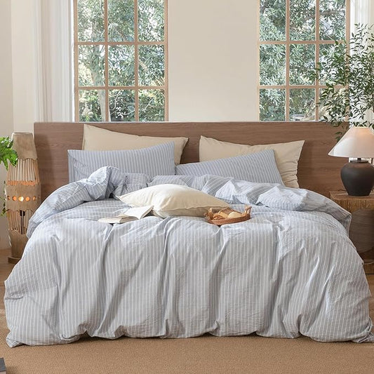 MooMee Striped Duvet Cover Set 100% Washed Cotton Linen Like Textured Breathable Durable Soft Comfy (Cornflower Blue White Wide Stripes, Full 80"x90")