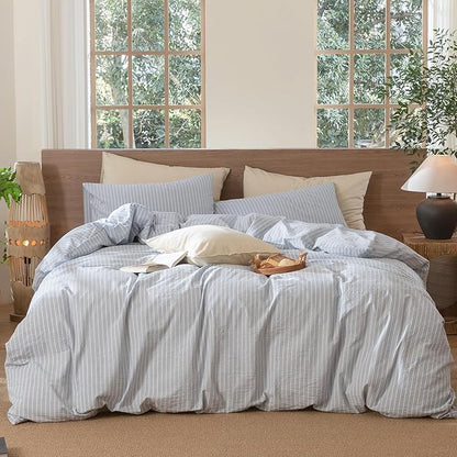 MooMee Striped Duvet Cover Set 100% Washed Cotton Linen Like Textured Breathable Durable Soft Comfy (Cornflower Blue White Wide Stripes, Super Queen 90"x98")