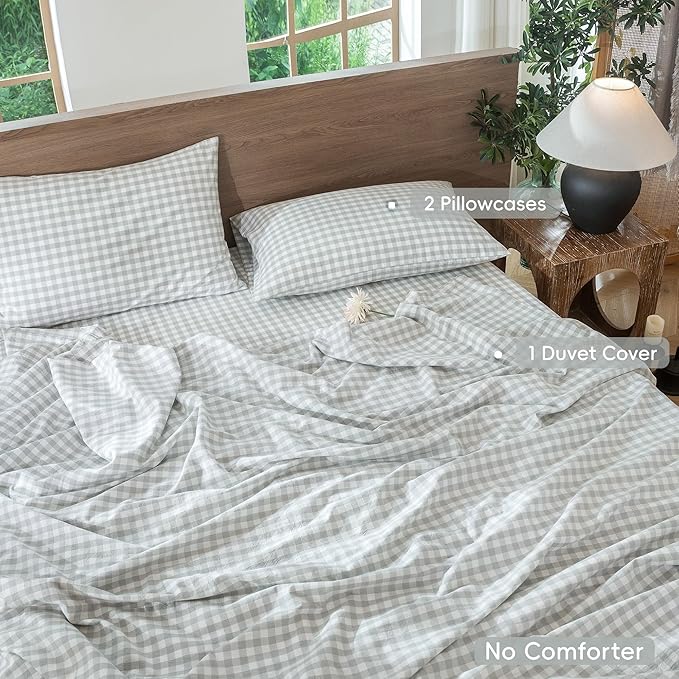 MooMee Gingham Duvet Cover Set 100% Washed Cotton Linen Like Textured Breathable Durable Soft Comfy Modern Checkered Design (Northern Droplet Grey Gingham, Super King 108"x98")