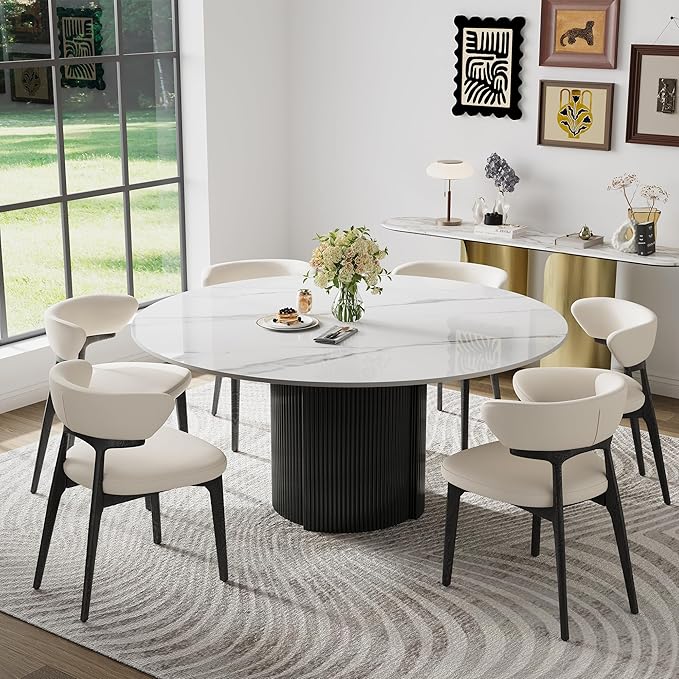 59" Modern Round Dining Table for 6, Glossy White Sintered Stone Kitchen Table with Black Fluted Metal Pedestal, for Dining Room (Table Only), Easy Assembly
