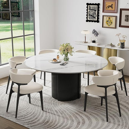 59" Modern Round Dining Table for 6, Glossy White Sintered Stone Kitchen Table with Black Fluted Metal Pedestal, for Dining Room (Table Only), Easy Assembly