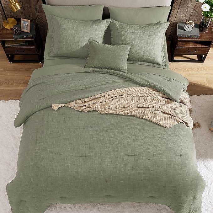Geniospin Queen Comforter Set - 7 Pieces Comforter Queen Size, Solid Bedding Set for All Season, Textured Bed in a Bag with Sheets, Pillowcases and Shams (Sage Green, 90''x90'')