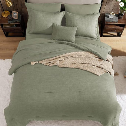 Geniospin Queen Comforter Set - 7 Pieces Comforter Queen Size, Solid Bedding Set for All Season, Textured Bed in a Bag with Sheets, Pillowcases and Shams (Sage Green, 90''x90'')