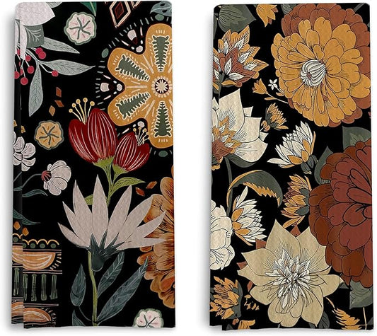 Abstract Floral Dish Towels Vintage Waffle Weave, Retro Flower