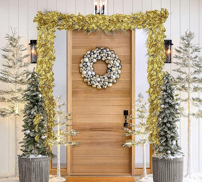 3 Pcs 6FT Christmas Garland Gold Glittered Artificial Holly Leaves for Christmas Tree Decorations Indoor Outdoor Hanging Garland Ornaments Home Decor Garden Door Wall Window Stair Holiday Decoration
