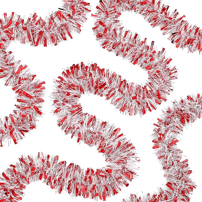 50 Feet Christmas Tinsel Garland Metallic Twist Garland Xmas Tree Decorations Wedding Birthday New Year Hanging Ornaments Party Supplies 3 Inch(Red, Silver, White)