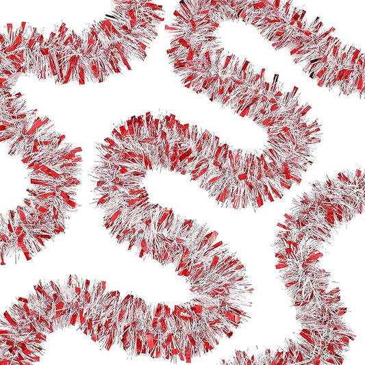 50 Feet Christmas Tinsel Garland Metallic Twist Garland Xmas Tree Decorations Wedding Birthday New Year Hanging Ornaments Party Supplies 3 Inch(Red, Silver, White)
