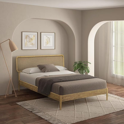 NTC Lupin Wooden Bed Frame with Headboard, Solid Oak and Rubber Wood Foundation with Silent Slats and Wood Central Supports, 1000 Lb Capacity, Queen - Sand