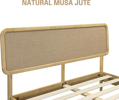 NTC Lupin Wooden Bed Frame with Headboard, Solid Oak and Rubber Wood Foundation with Silent Slats and Wood Central Supports, 1000 Lb Capacity, Queen - Sand