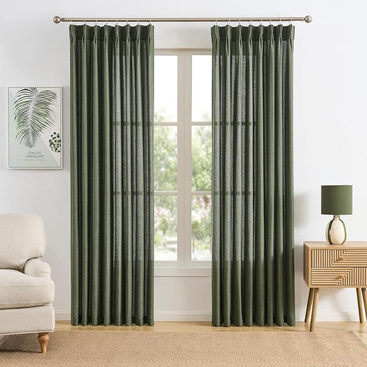RAIN CITY 100 Inch Pinch Pleated Curtains 2 Panels Set Custom Length Olive Green, Semi Sheer Living Room Curtain Back Tab with Hooks, Privacy Back Tab Linen Window Drapes for Bedroom