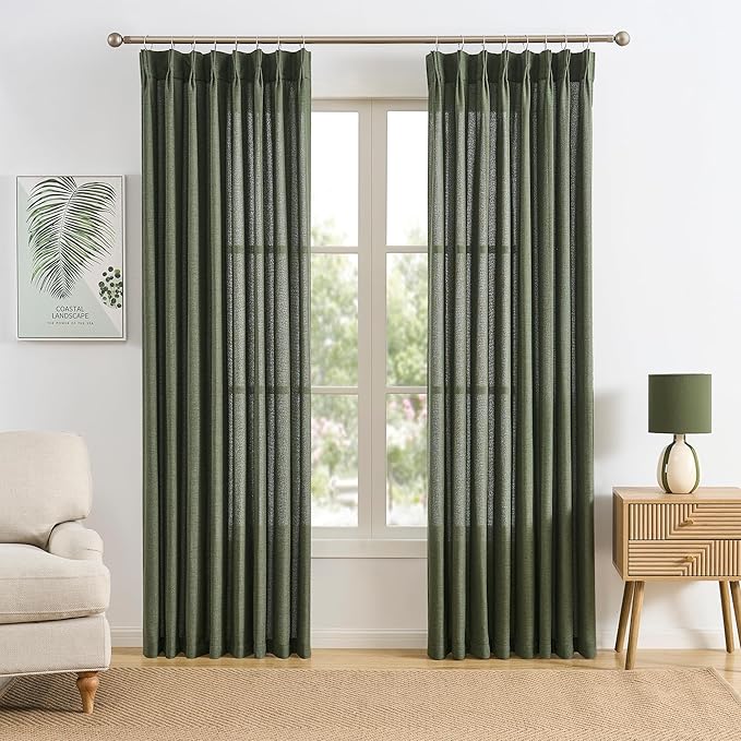 RAIN CITY 86 Inch Linen Curtains Pinch Pleated with Hooks,2 Panels Set Semi Sheer Textured Boho Back Tab Curtain Drapes for Living Room Bedroom,Olive Green,50x86 in Long
