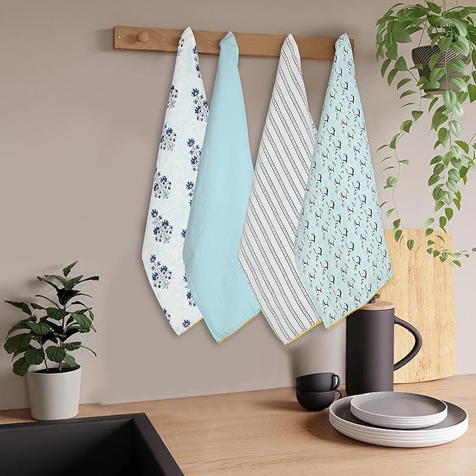 TARAN LIVING Printed Kitchen Dish Bar Tea Towels Cotton with Trims Hand Towel Gift for Mothers Day Cotton Dish Towel Sets Gift for Mom - White & Blue, Set of 4-18x28 inches