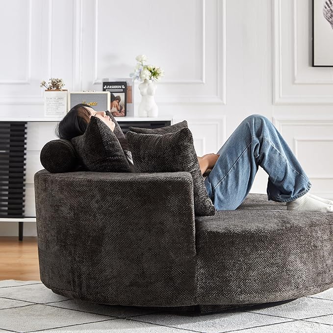 KEIKI 55" Oversized Swivel Accent Chair, Large Barrel Chairs Upholstered Round Swivel Chair, Chenille Single Sofa Armchair, Sleeper Chair for Living Room, Lounge, Black