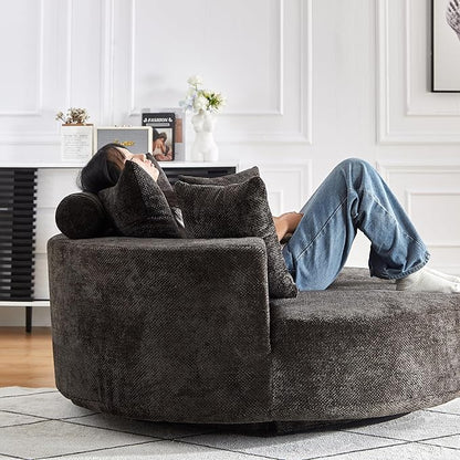 KEIKI 55" Oversized Swivel Accent Chair, Large Barrel Chairs Upholstered Round Swivel Chair, Chenille Single Sofa Armchair, Sleeper Chair for Living Room, Lounge, Black