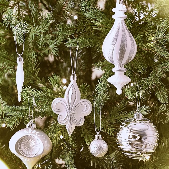Valery Madelyn Ornaments for Christmas Trees, 60ct White and Silver Shatterproof Christmas Tree Decorations, Luxury Hanging Ball Ornaments Bulk for Xmas Holiday Party Decor