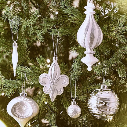 Valery Madelyn Ornaments for Christmas Trees, 60ct White and Silver Shatterproof Christmas Tree Decorations, Luxury Hanging Ball Ornaments Bulk for Xmas Holiday Party Decor