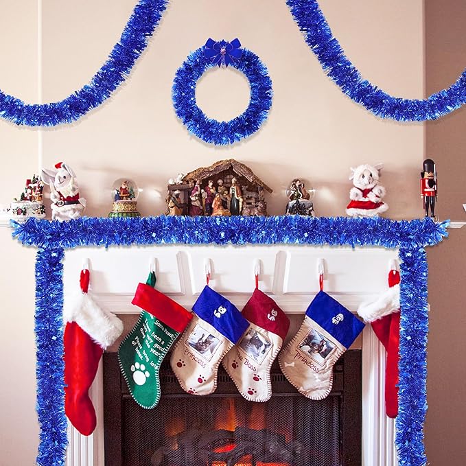 33FT Bule Tinsel Christmas Garland Metallic Twist Shiny Garland for Christmas Tree Decorations, Xmas Holiday Hanging Garland for Home Table Indoor Outdoor Party Supplies Holiday Decor