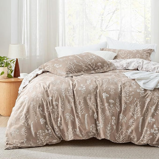 Bedsure Queen Comforter Set - Light Taupe Bed Set, 3 Pieces Cute Floral Bedding, 1 Soft Reversible Botanical Flowers Comforter and 2 Pillow Shams