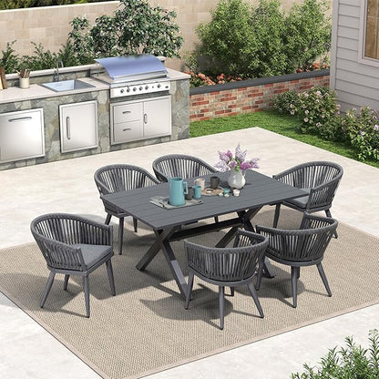 PURPLE LEAF 7 Pieces Outdoor Dining Set with Patio Aluminium Dining Table and Wicker Rattan Chairs Modern Furniture Cushions Sets for Backyard Indoor Decor Kitchen Grey